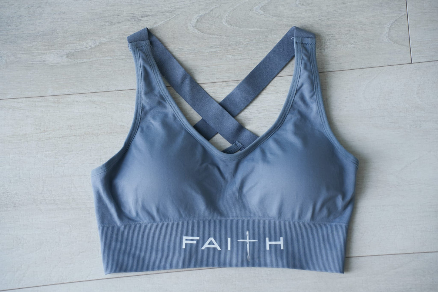 FAITH-INFUSED SPORTS BRA - DUSTY BLUE