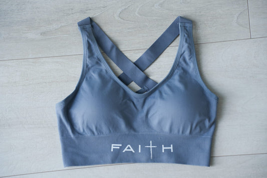 FAITH-INFUSED SPORTS BRA - DUSTY BLUE