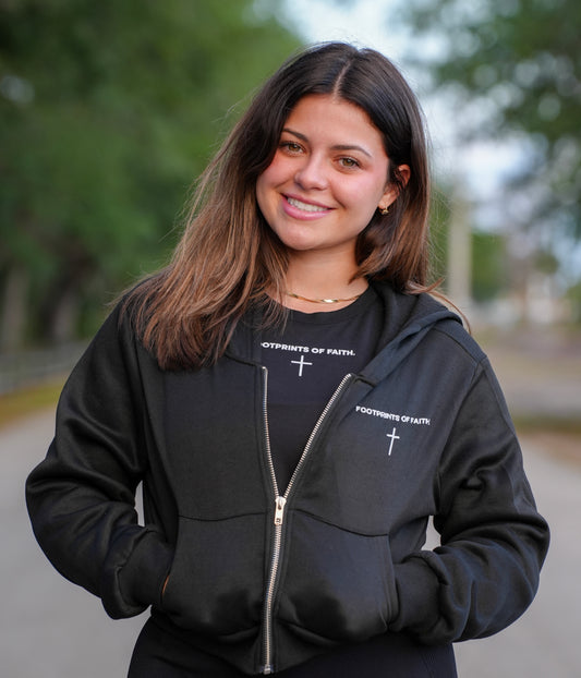 FOOTPRINTS OF FAITH WOMENS CROPPED HOODIE - BLACK