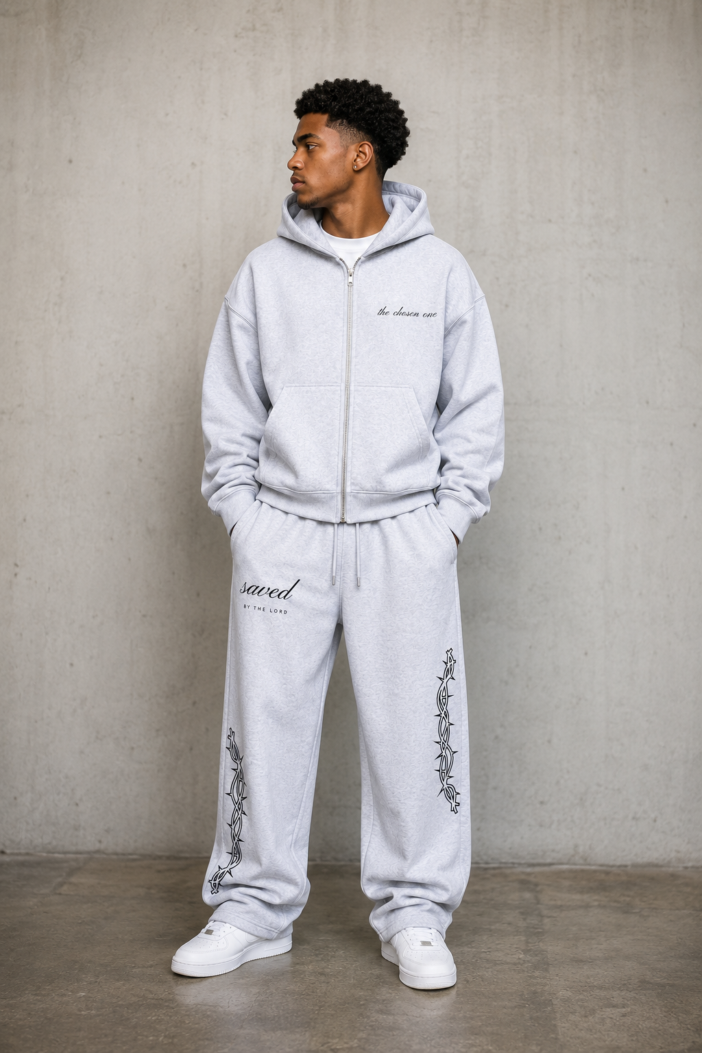 "SAVED" FLEECE ZIP UP + SWEATS SET - HEATHER