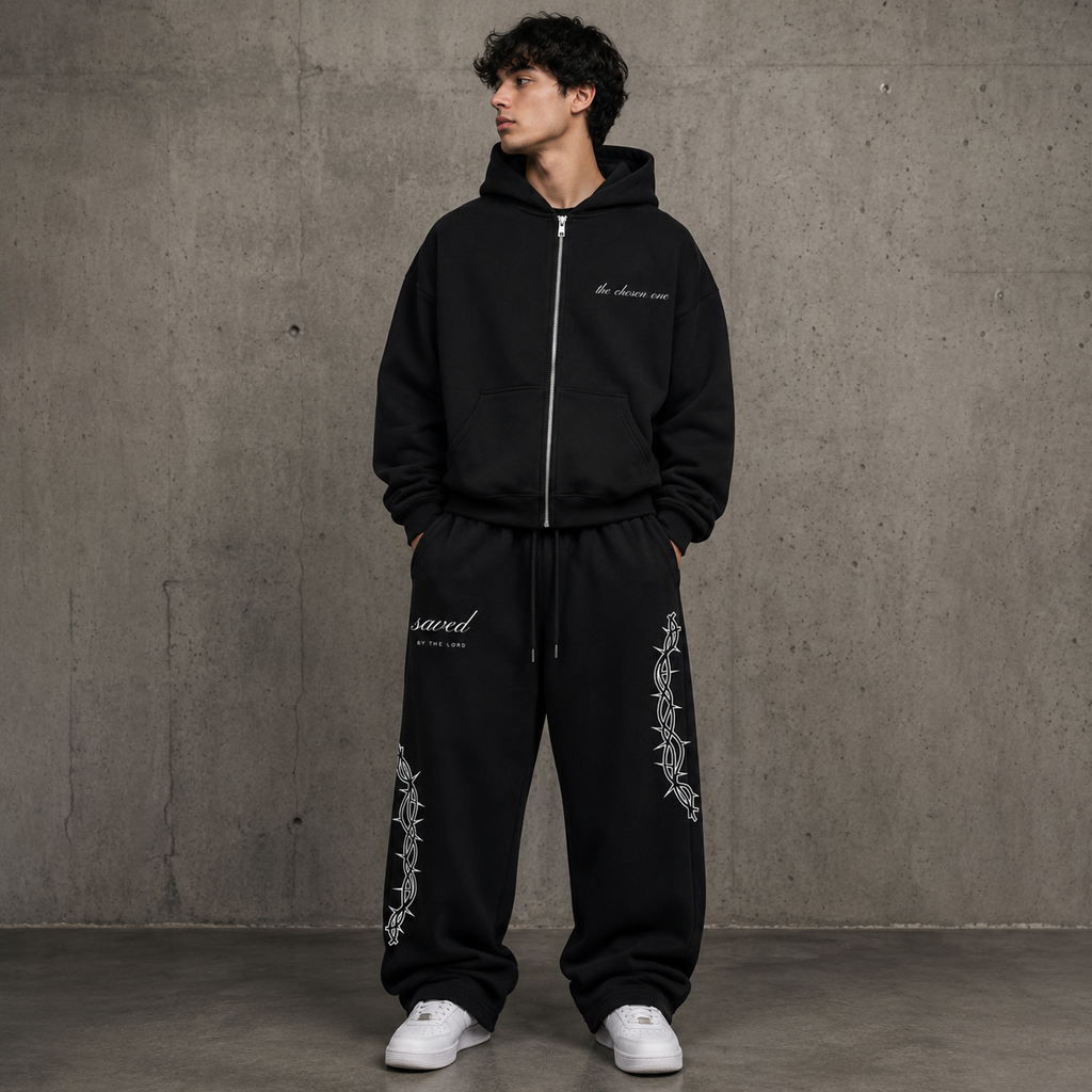 "SAVED" FLEECE ZIP UP + SWEATS SET - BLACK