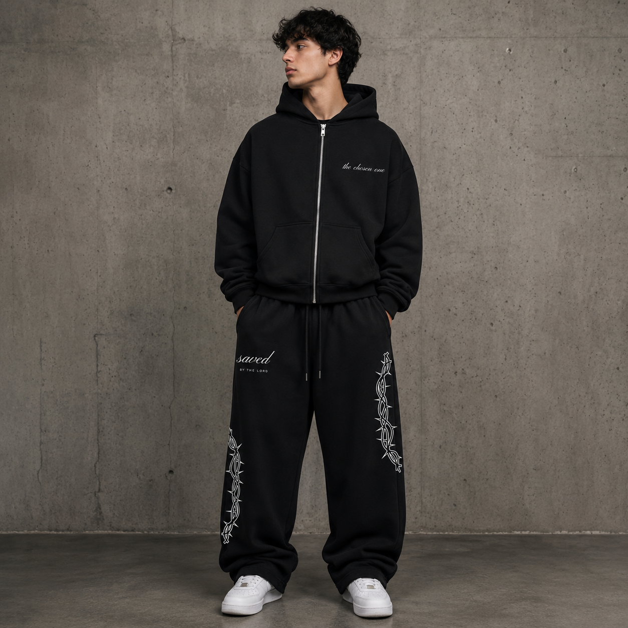 "SAVED" FLEECE ZIP UP + SWEATS SET - BLACK