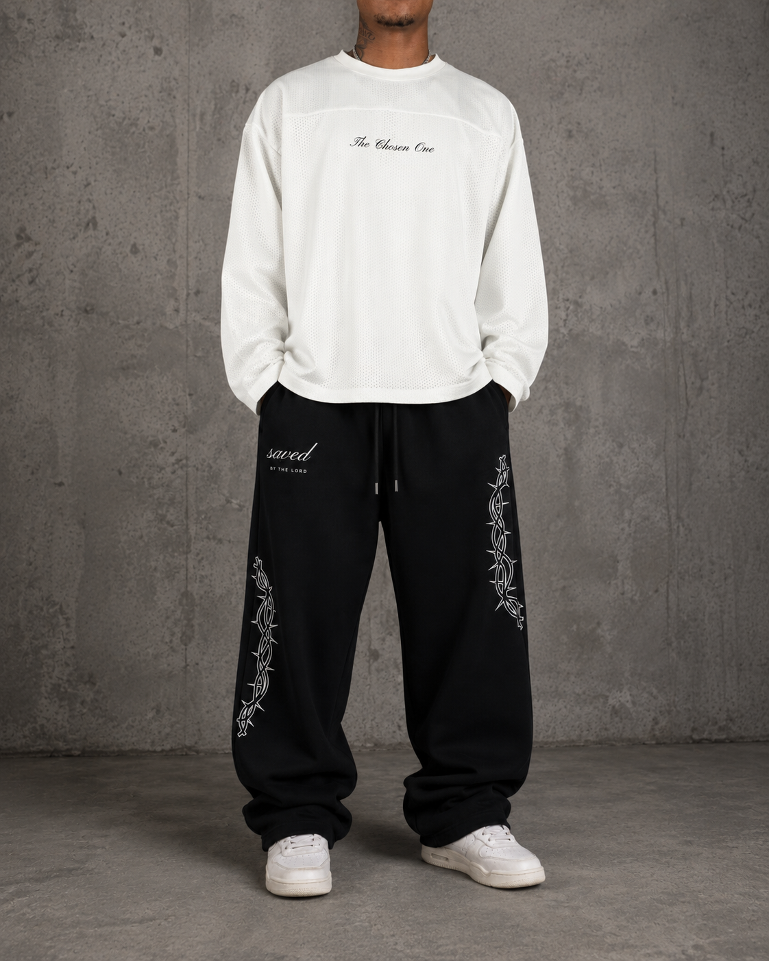 "SAVED" BY THE LORD BAGGY SWEATS -BLACK
