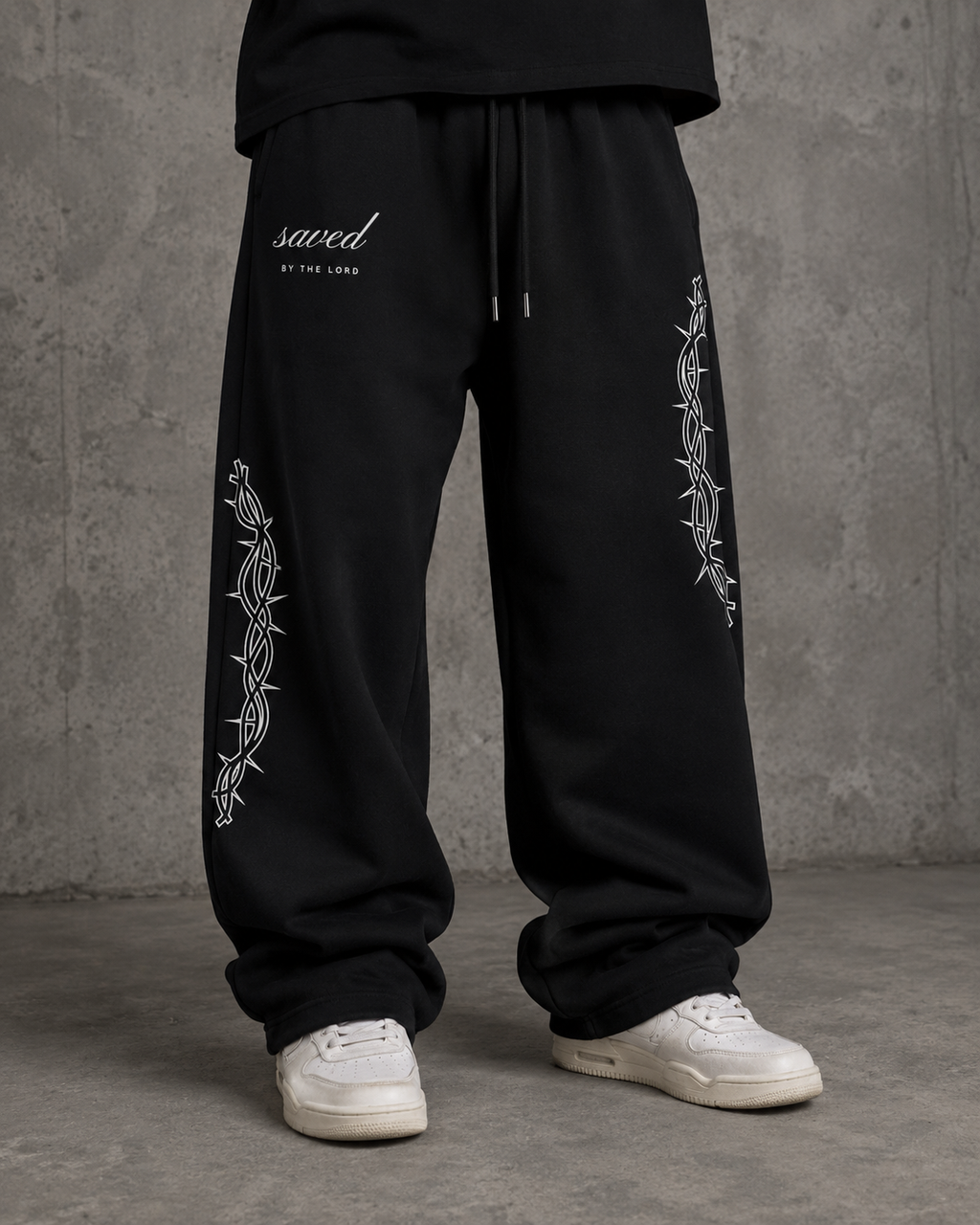"SAVED" BY THE LORD BAGGY SWEATS -BLACK