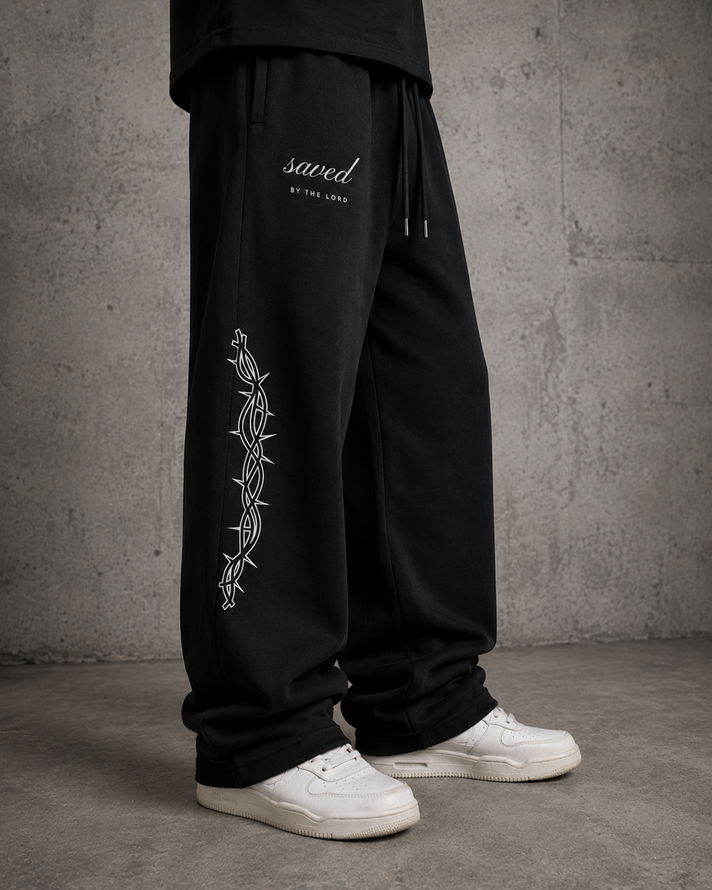 "SAVED" BY THE LORD BAGGY SWEATS -BLACK