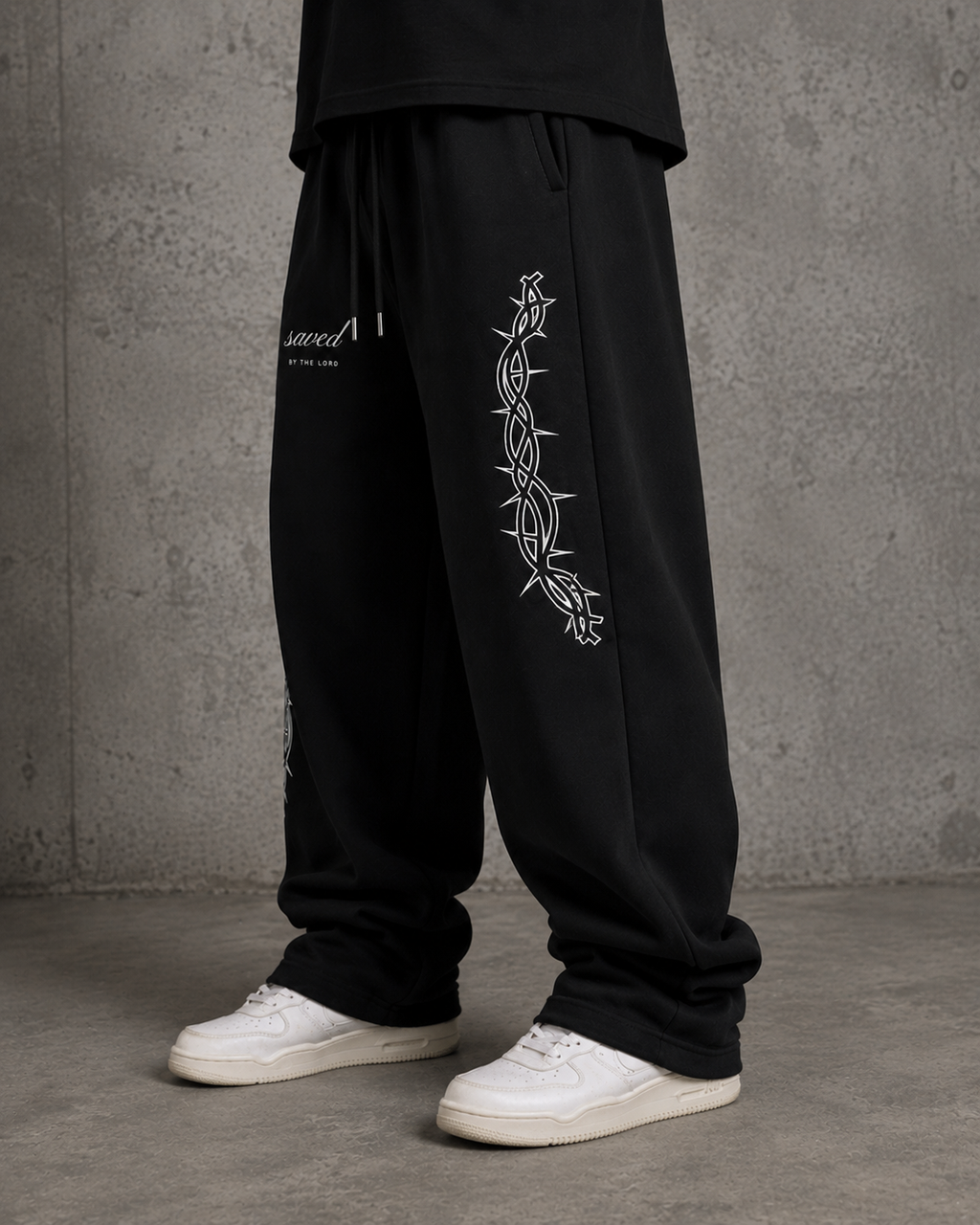 "SAVED" BY THE LORD BAGGY SWEATS -BLACK