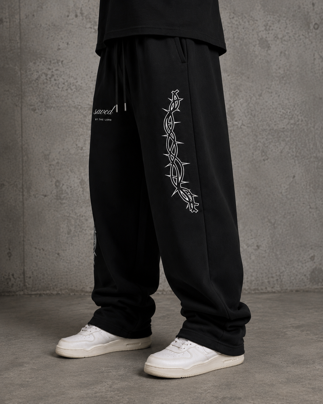 "SAVED" BY THE LORD BAGGY SWEATS -BLACK